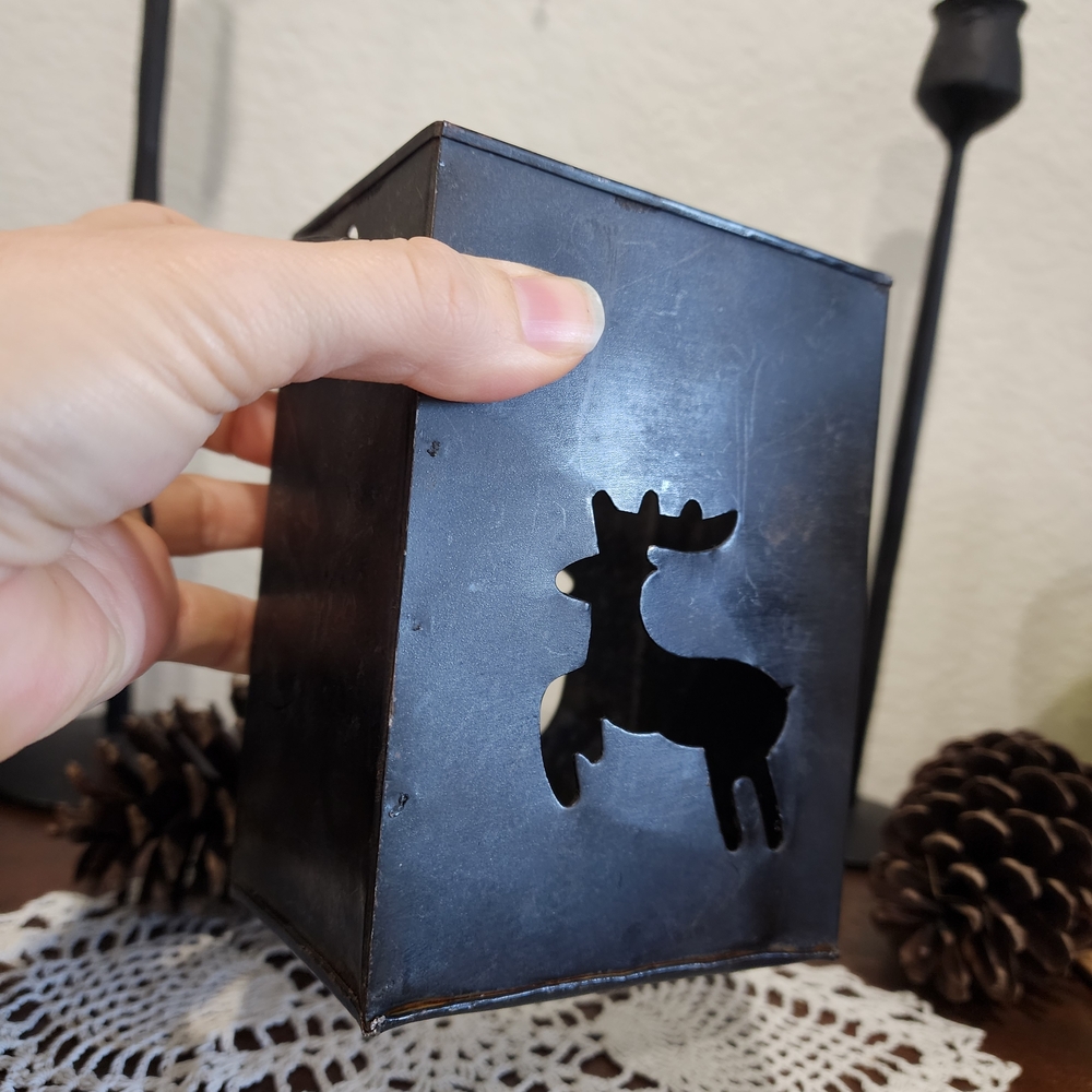Rustic Primitive Reindeer Buck Black Metal Candle Holder 5 1/2" x 3" x 4"